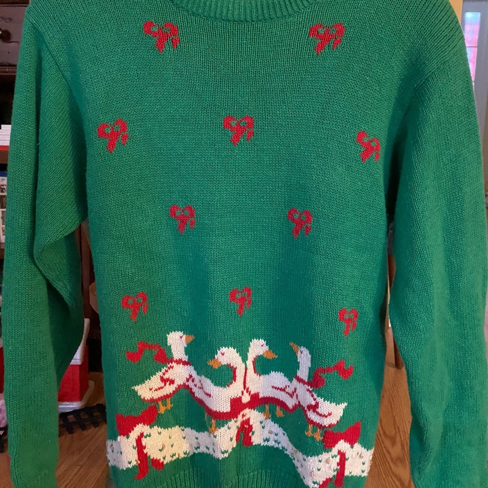 Vintage Novelty Sweater Size Medium Womens Green Christmas Goose Bows 80s 90s